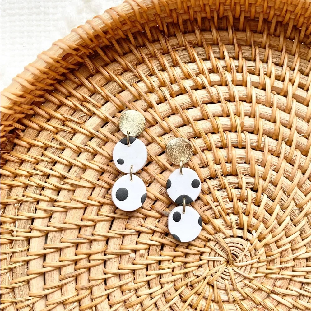 Handmade Polymer Clay Black & White Polka Dot Boho Drop Earrings - Picture 1 of 4